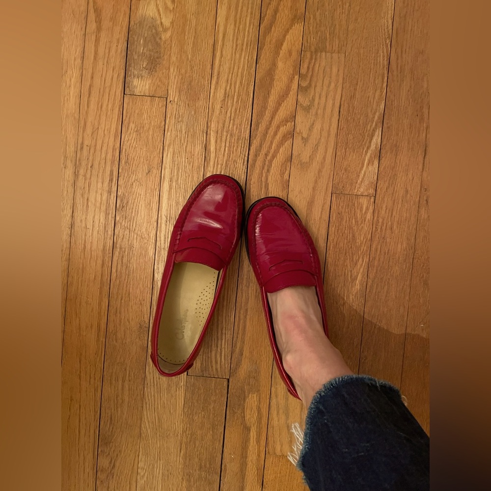 Red patent leather loafers slightly worn comfortable